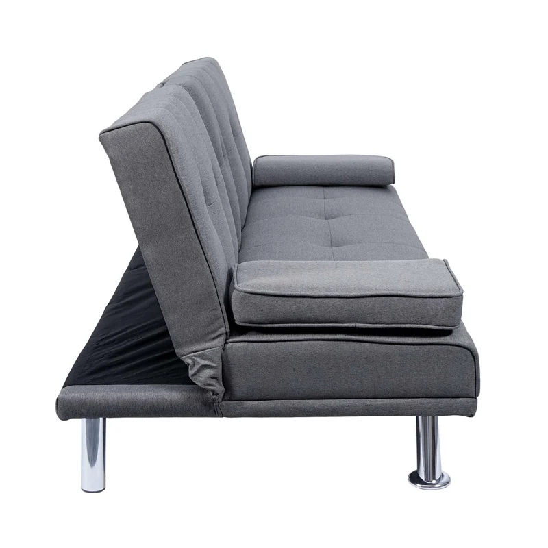 Canapé 3 places convertible 166 cm avec couchage dossier réglable porte gobelets tissu gris foncé structure métal 04_0010966