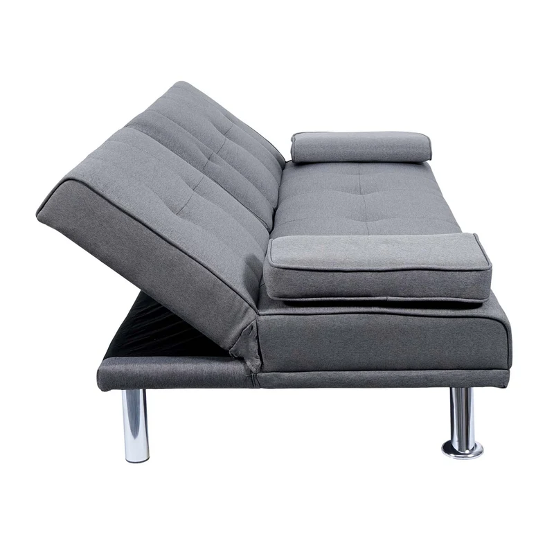 Canapé 3 places convertible 166 cm avec couchage dossier réglable porte gobelets tissu gris foncé structure métal 04_0010966