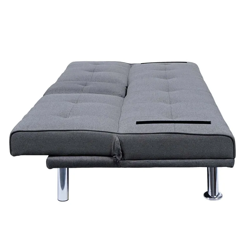 Canapé 3 places convertible 166 cm avec couchage dossier réglable porte gobelets tissu gris foncé structure métal 04_0010966