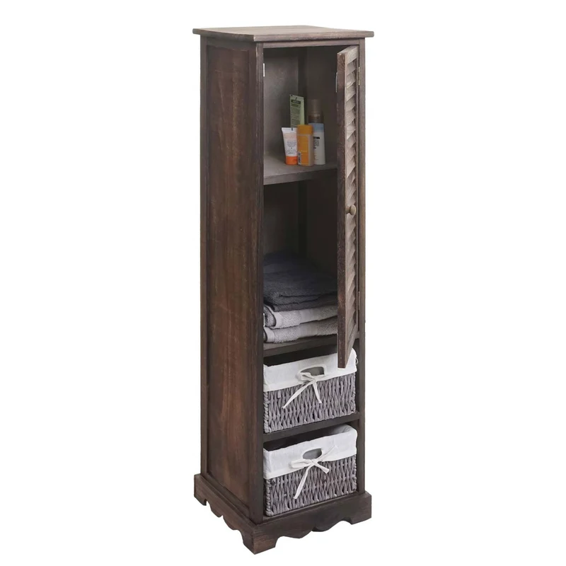 Commode de salle de bain 120x27x29 cm en bois massif style shabby marron vieilli 1 porte et 2 paniers 04_0010635