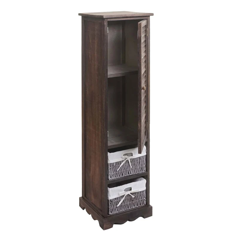 Commode de salle de bain 120x27x29 cm en bois massif style shabby marron vieilli 1 porte et 2 paniers 04_0010635