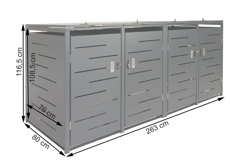 Abri pour 4 poubelles 263 cm acier verrouillable avec couvercle à vérin compatible 80 à 240 L couleur anthracite 04_0010971