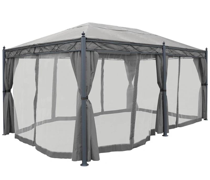 Pergola 5 x 3 m hauteur 276 cm avec toit parois et moustiquaires structure acier gris 04_0011073