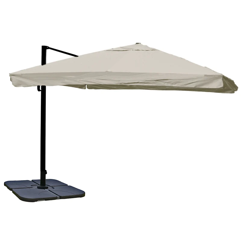 Parasol déporté 3.5 x 3.5 m hauteur 255 cm rotation 360 réglage 5 positions avec pied aluminium acier polyester crème gris 04_0010669