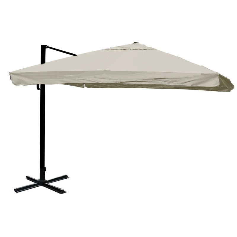 Parasol déporté 3,5 x 3,5 m diamètre 4,95 m inclinable non orientable avec base croisée aluminium polyester crème gris 04_0010671