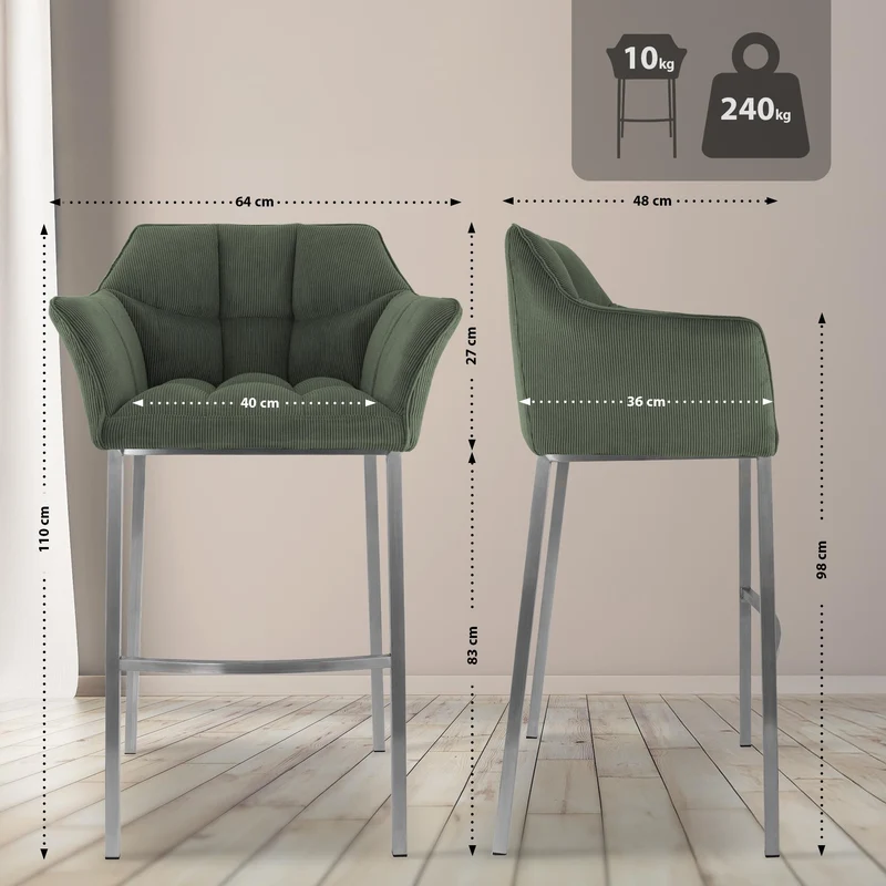 Tabouret de bar x1 assise enveloppante capitonnée en velours côtelé vert avec structure à 4 pieds en acier inoxydable 10_0006221