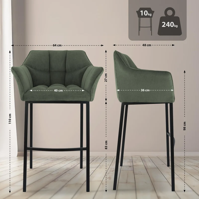 Tabouret de bar x1 assise enveloppante capitonnée en velours côtelé vert avec structure à 4 pieds en métal noir 10_0006122