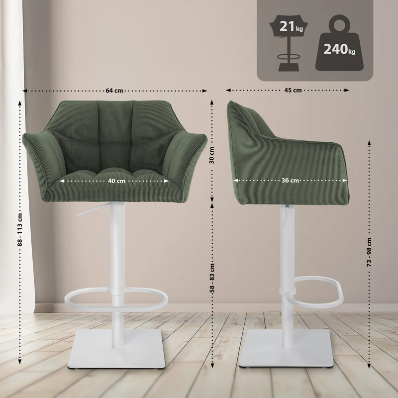Tabouret de bar x1 réglable en velours côtelé vert assise enveloppante capitonnée avec base carrée en métal blanc 10_0006305