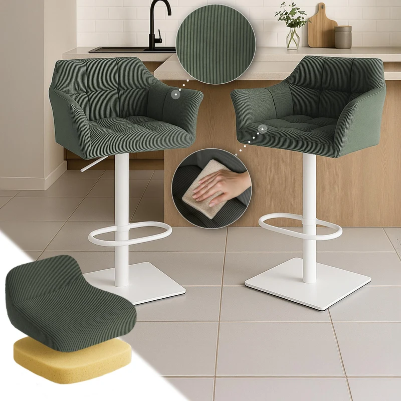 Tabouret de bar x1 réglable en velours côtelé vert assise enveloppante capitonnée avec base carrée en métal blanc 10_0006305