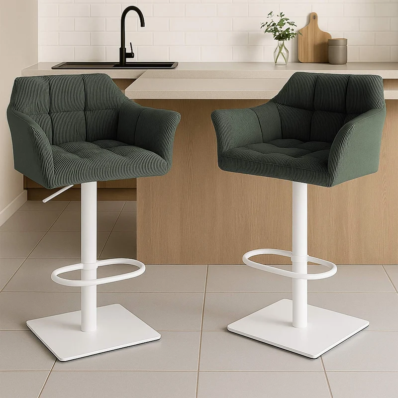 Tabouret de bar x1 réglable en velours côtelé vert assise enveloppante capitonnée avec base carrée en métal blanc 10_0006305