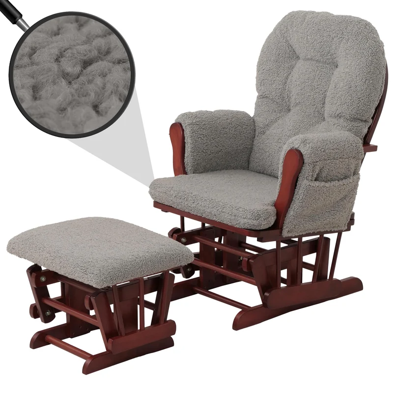 Fauteuil relax à bascule avec repose pieds hauteur 105 cm design moderne tissu bouclé gris foncé bois massif 04_0009683