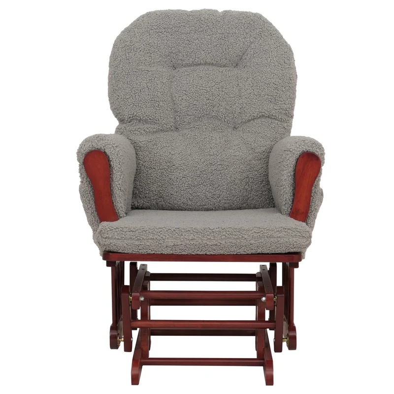 Fauteuil relax à bascule avec repose pieds hauteur 105 cm design moderne tissu bouclé gris foncé bois massif 04_0009683