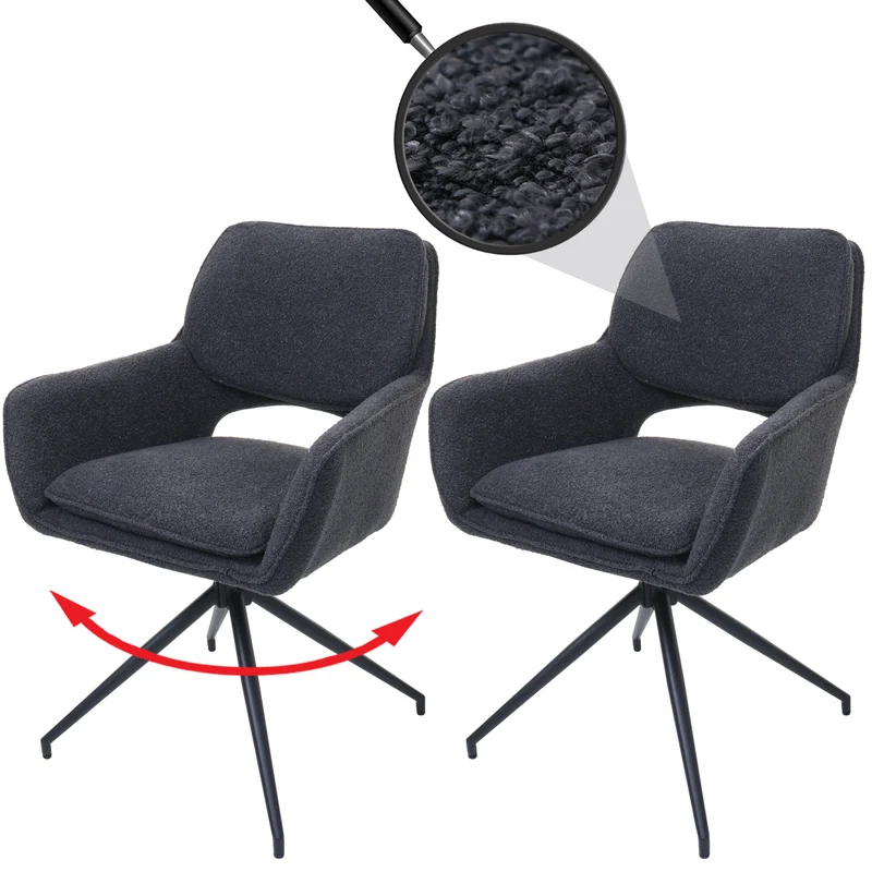 Lot de 2 chaises de salle à manger pivotantes 180° hauteur 86 cm avec accoudoirs design moderne tissu bouclé gris foncé métal 04_0009969