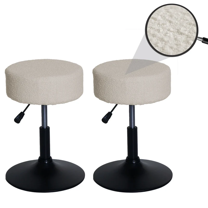 Lot de 2 tabourets réglables pivotants Ø 37 cm hauteur ajustable design moderne tissu bouclé crème blanc acier noir 04_0009935