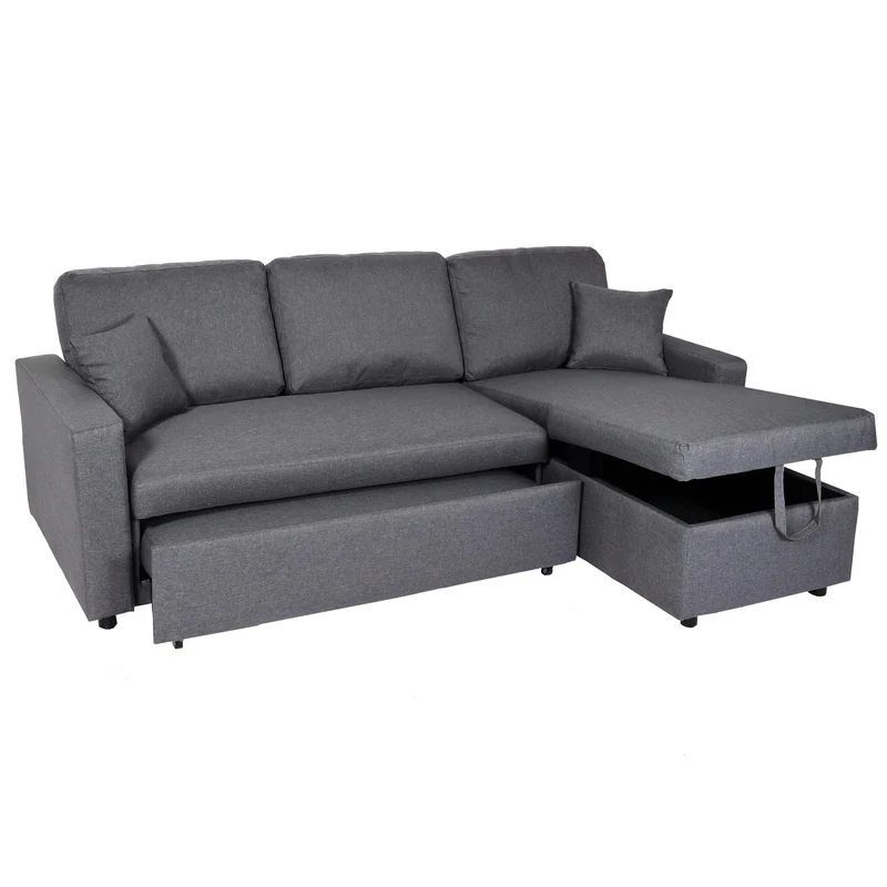 Canapé d’angle convertible 228 cm avec couchage 200 x 140 cm coffre de rangement forme L tissu gris foncé structure bois 04_0010439