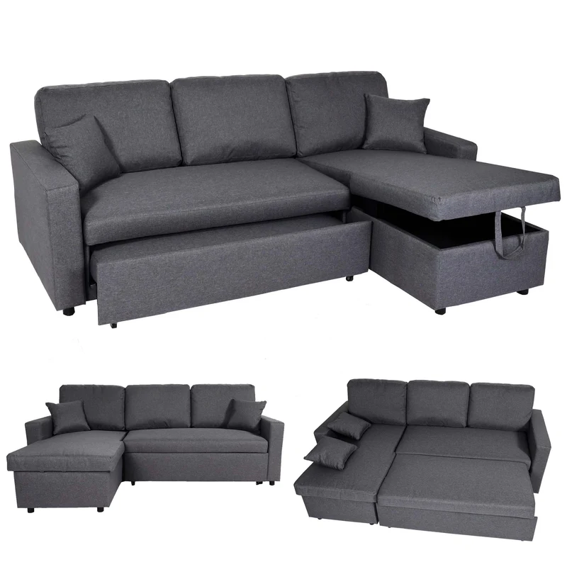 Canapé d’angle convertible 228 cm avec couchage 200 x 140 cm coffre de rangement forme L tissu gris foncé structure bois 04_0010439