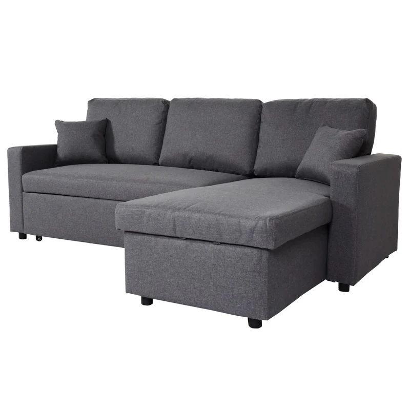 Canapé d’angle convertible 228 cm avec couchage 200 x 140 cm coffre de rangement forme L tissu gris foncé structure bois 04_0010439