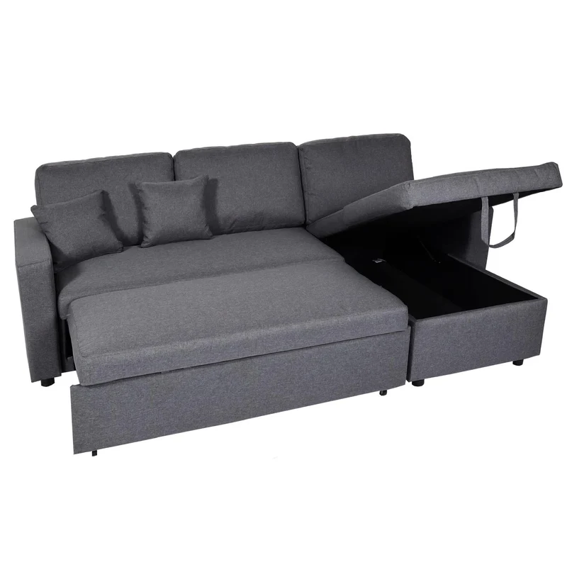 Canapé d’angle convertible 228 cm avec couchage 200 x 140 cm coffre de rangement forme L tissu gris foncé structure bois 04_0010439
