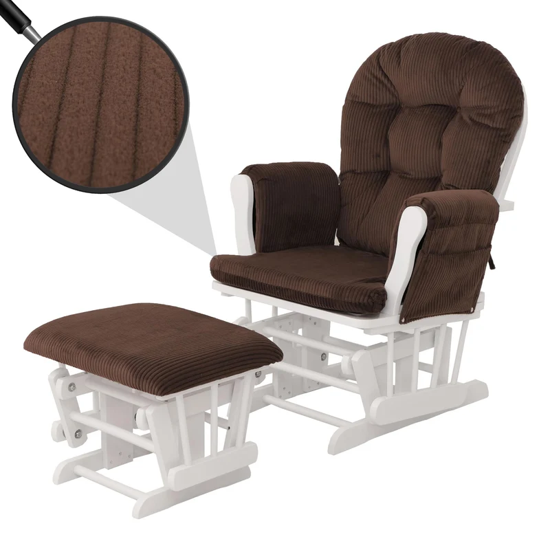 Fauteuil relax à bascule avec repose pieds hauteur 103 cm tissu velours côtelé marron structure bois massif finition blanc 04_0009670
