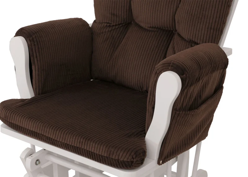 Fauteuil relax à bascule avec repose pieds hauteur 103 cm tissu velours côtelé marron structure bois massif finition blanc 04_0009670