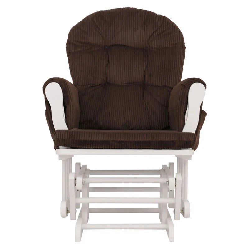 Fauteuil relax à bascule avec repose pieds hauteur 103 cm tissu velours côtelé marron structure bois massif finition blanc 04_0009670