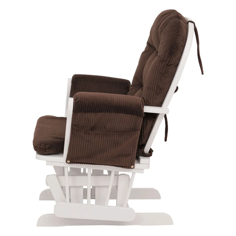 Fauteuil relax à bascule avec repose pieds hauteur 103 cm tissu velours côtelé marron structure bois massif finition blanc 04_0009670