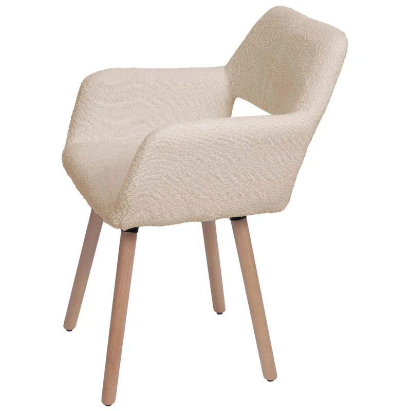 Chaise de salle à manger avec accoudoirs en tissu bouclé beige pieds en bois 04_0009861
