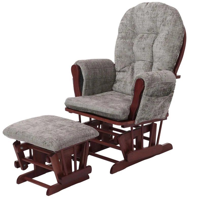 Fauteuil relax à bascule avec repose pieds hauteur 100 cm tissu chenille gris clair structure bois massif finition foncé 04_0009927