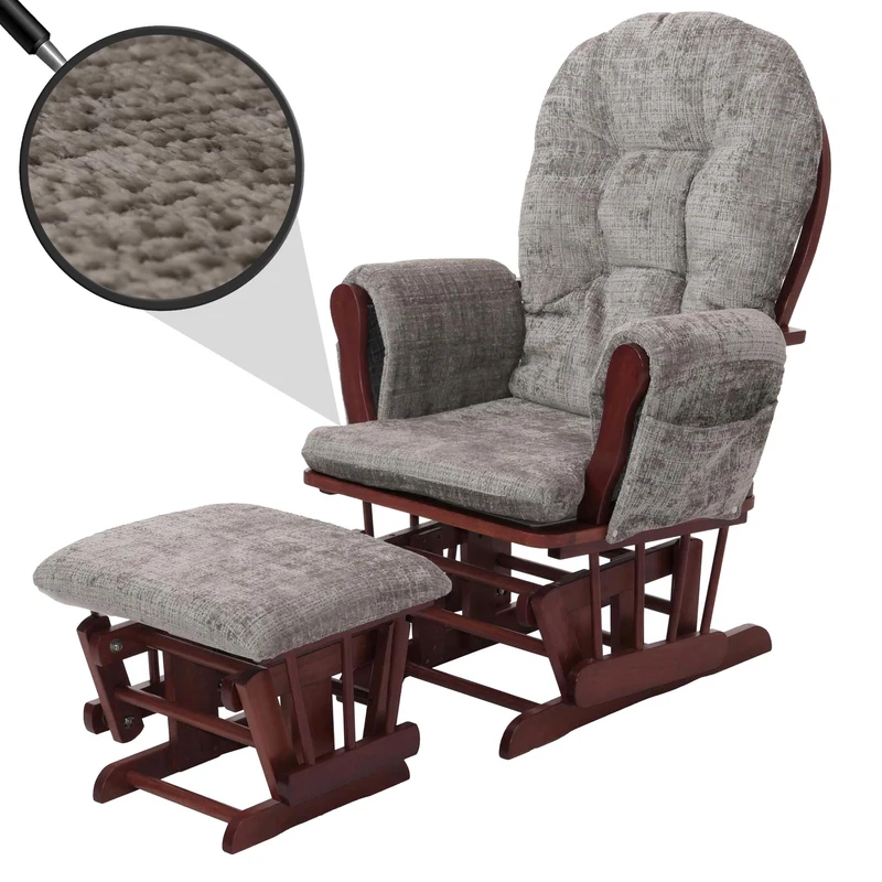 Fauteuil relax à bascule avec repose pieds hauteur 100 cm tissu chenille gris clair structure bois massif finition foncé 04_0009927
