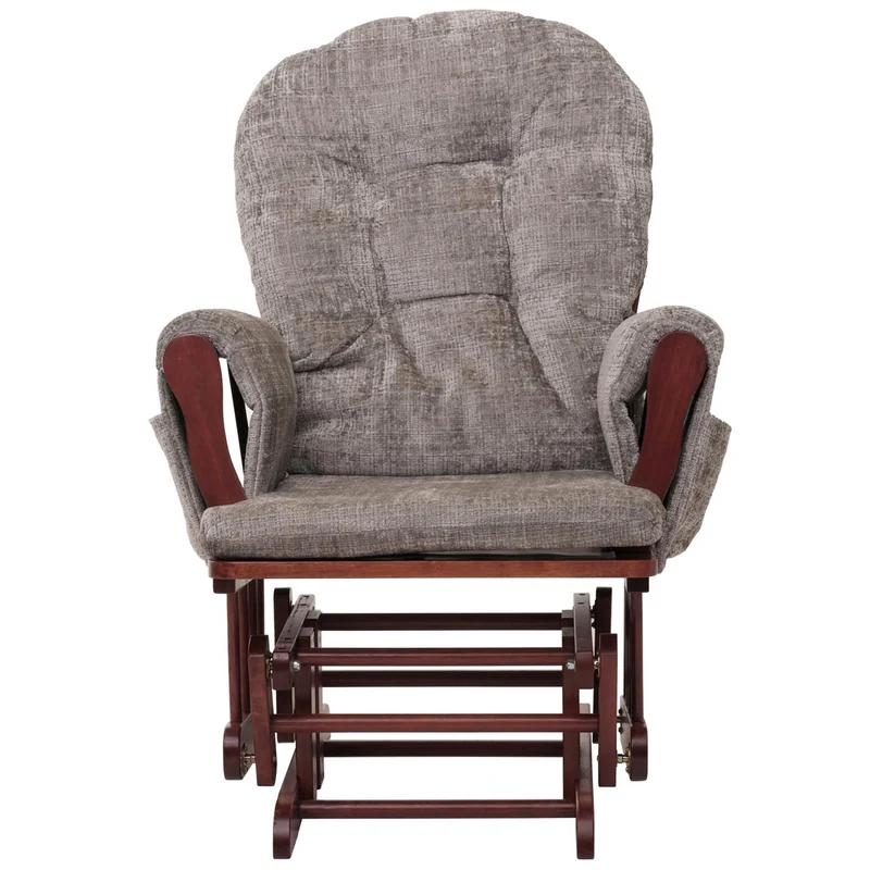 Fauteuil relax à bascule avec repose pieds hauteur 100 cm tissu chenille gris clair structure bois massif finition foncé 04_0009927