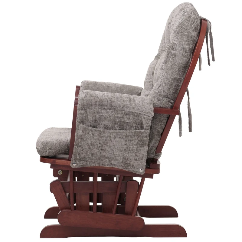 Fauteuil relax à bascule avec repose pieds hauteur 100 cm tissu chenille gris clair structure bois massif finition foncé 04_0009927