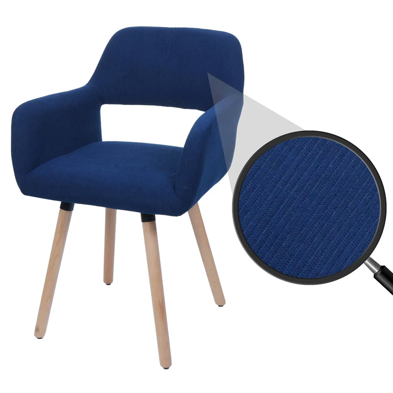 Chaise de salle à manger avec accoudoirs 80x56x53 cm en tissu velours côtelé bleu pieds bois hêtre 04_0009831