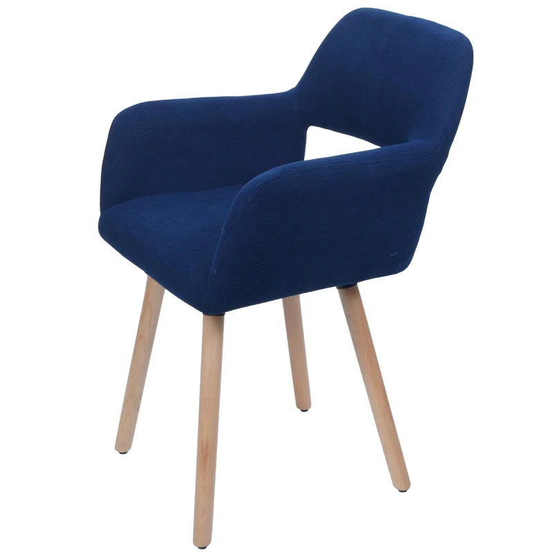 Chaise de salle à manger avec accoudoirs 80x56x53 cm en tissu velours côtelé bleu pieds bois hêtre 04_0009831