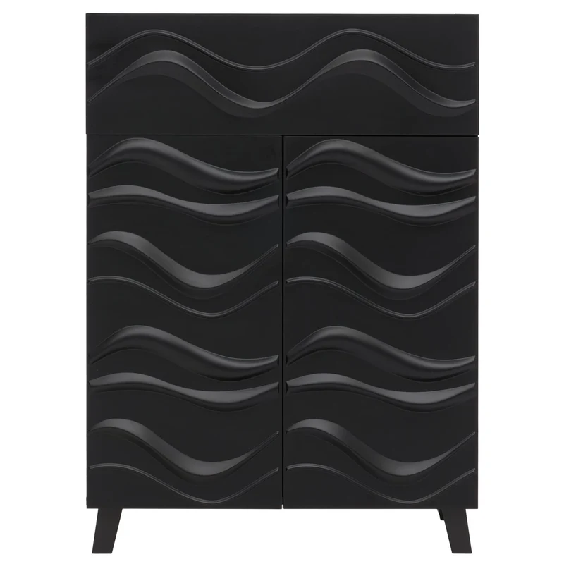Commode buffet armoire de rangement design vague 3D portes push-to-open étagères et tiroir 107 x 76 x 36 cm bois d’hévéa noir 04_0009822
