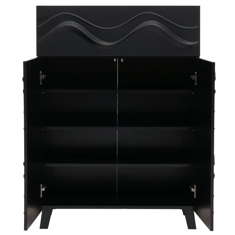 Commode buffet armoire de rangement design vague 3D portes push-to-open étagères et tiroir 107 x 76 x 36 cm bois d’hévéa noir 04_0009822