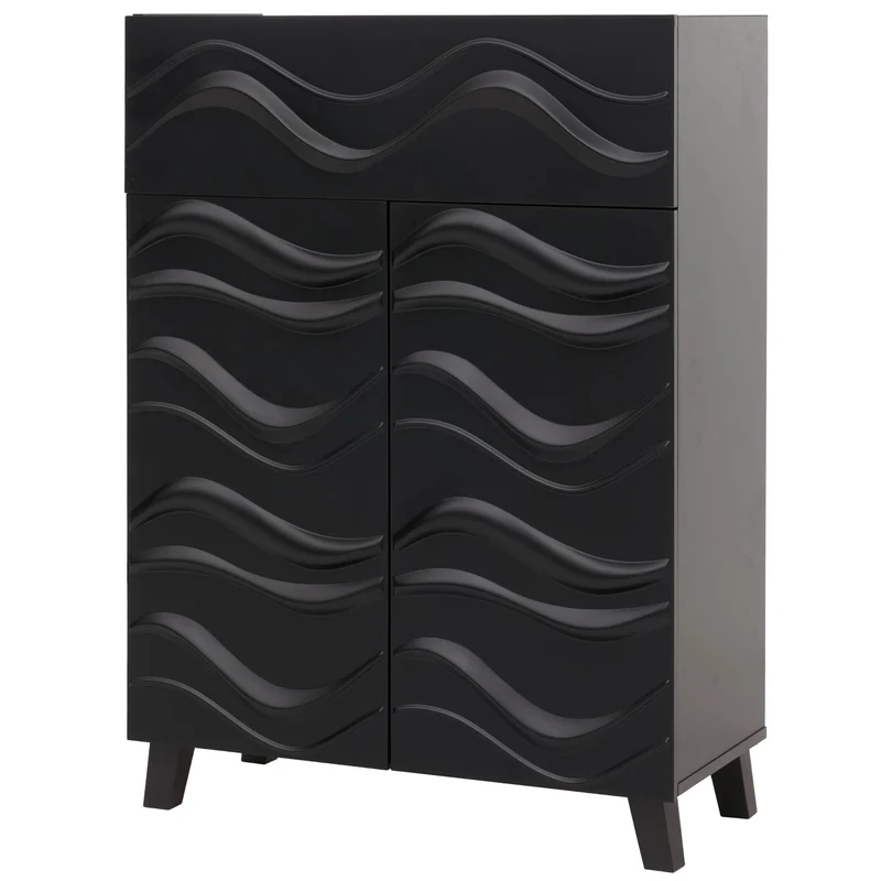Commode buffet armoire de rangement design vague 3D portes push-to-open étagères et tiroir 107 x 76 x 36 cm bois d’hévéa noir 04_0009822