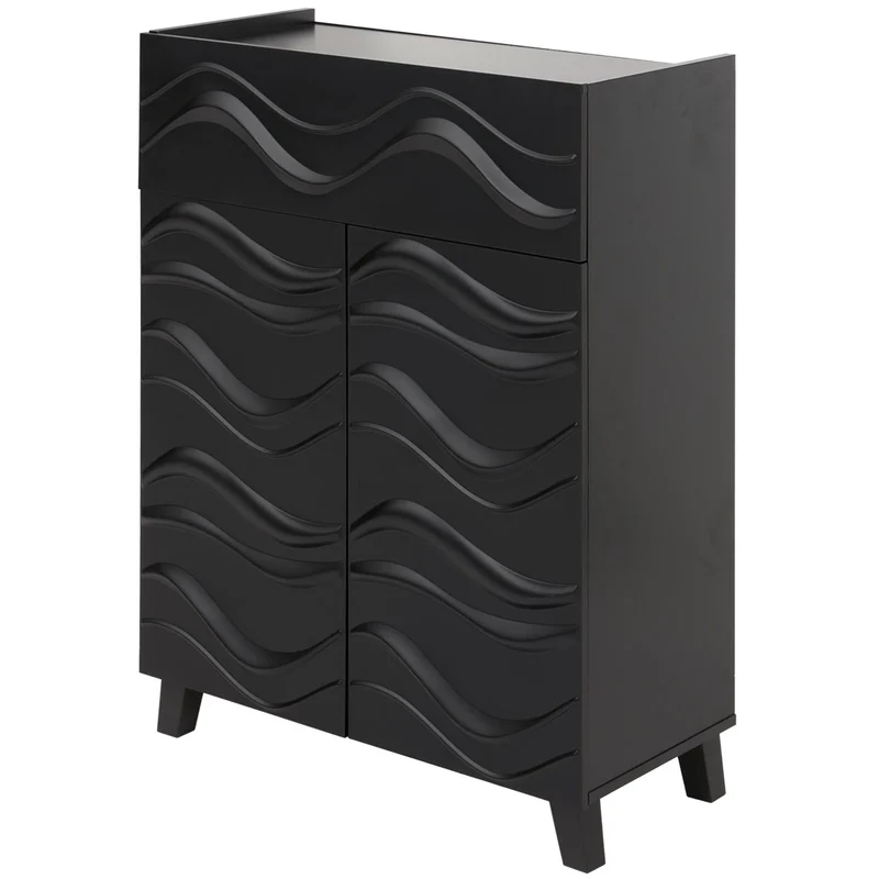 Commode buffet armoire de rangement design vague 3D portes push-to-open étagères et tiroir 107 x 76 x 36 cm bois d’hévéa noir 04_0009822
