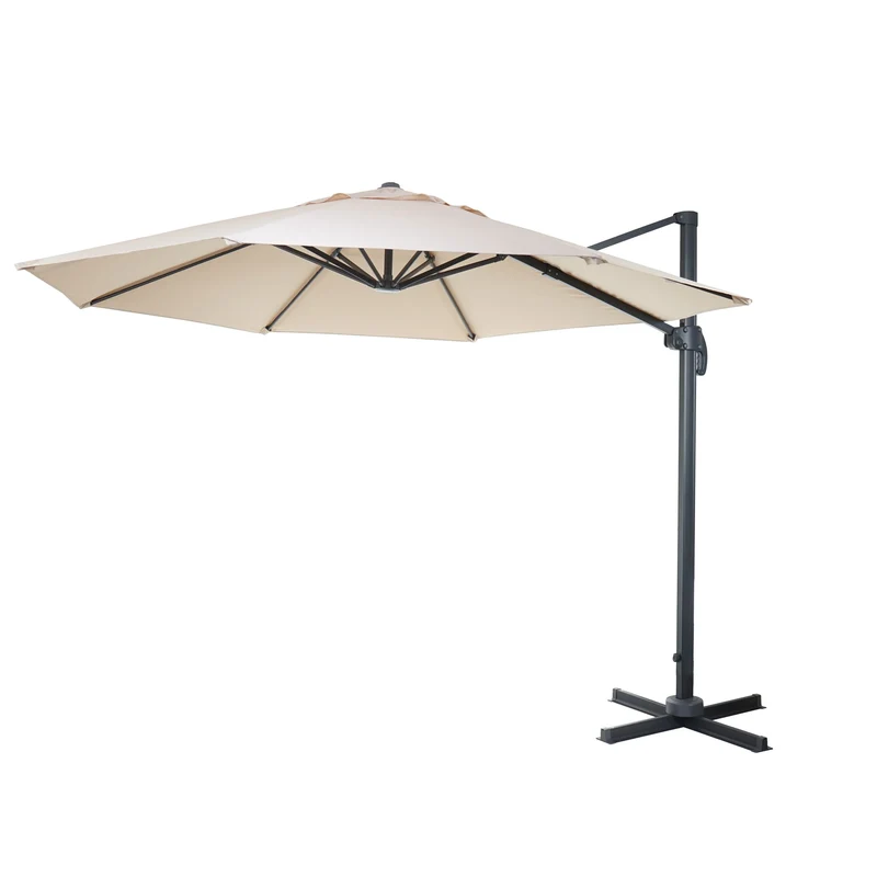 Parasol déporté rond Ø 400 cm hauteur 255 cm inclinable avec manivelle aluminium et polyester couleur crème avec base 04_0011242