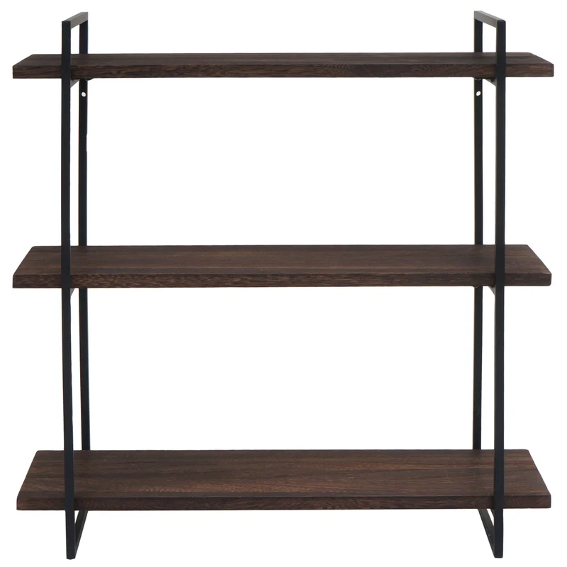 Étagère murale suspendue 3 niveaux en bois marron foncé et métal design industriel 60 x 60 x 18 cm 04_0008672