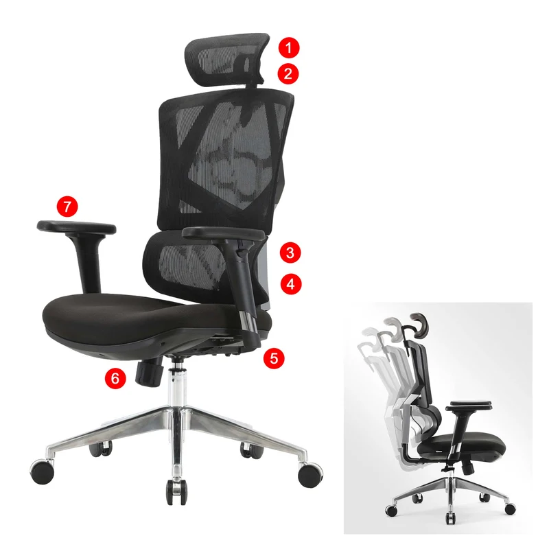Fauteuil de bureau support lombaire ergonomique dossier haut accoudoirs en maille noir 04_0006220