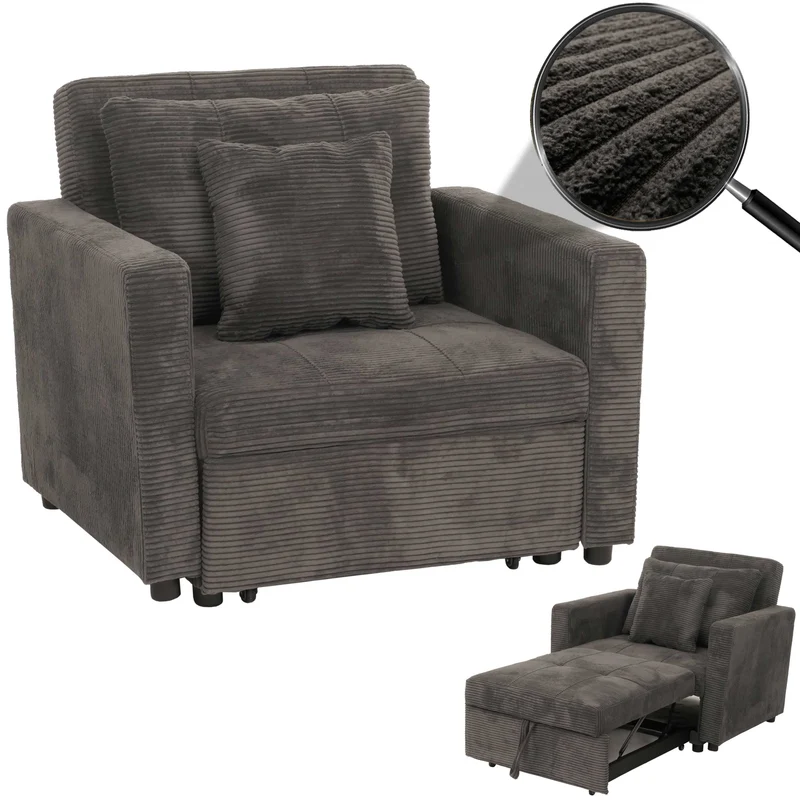 Fauteuil-lit lit d'appoint relaxation dossier réglable surface de couchage 197x100 cm tissu velours côtelé gris foncé 04_0006254