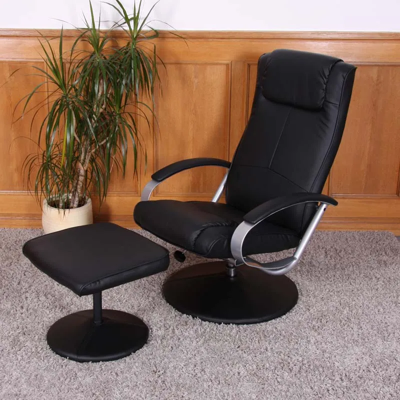 Fauteuil lounge TV relax avec tabouret rotatif inclinable en synthétique noir 04_0003630