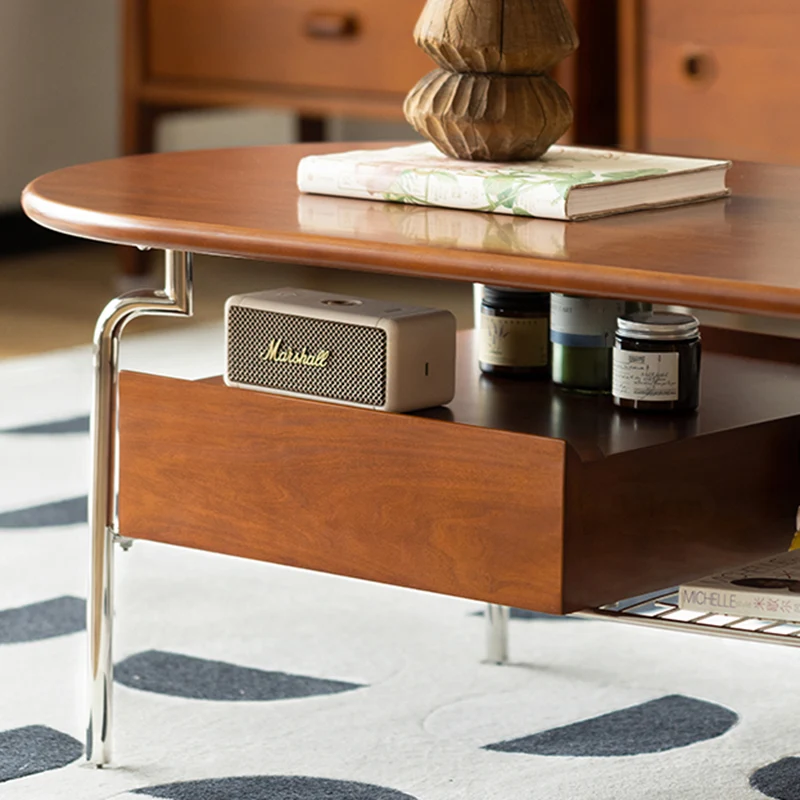 Traditional Vintage Oval Fir Wood Rubberwood Plywood Stainless Steel End Table 4-Leg 1-Drawer For Living Room