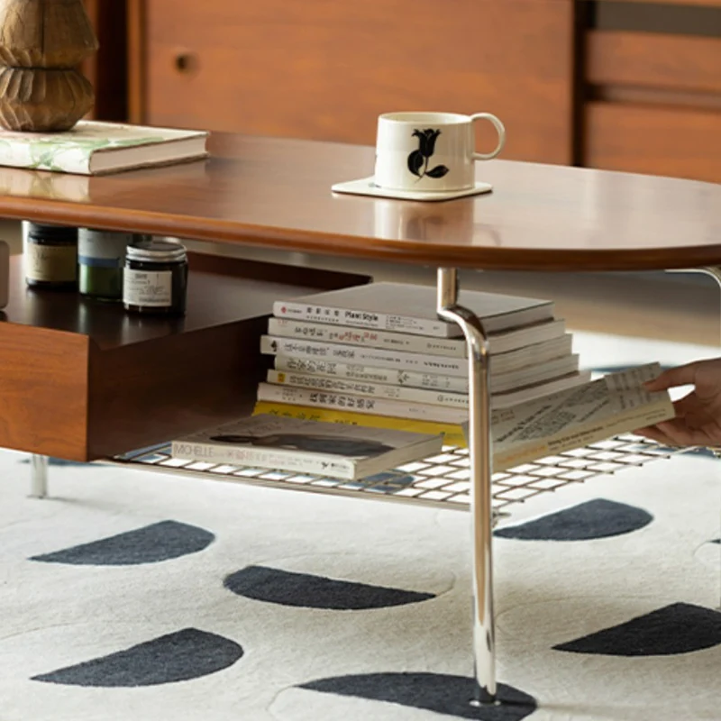 Traditional Vintage Oval Fir Wood Rubberwood Plywood Stainless Steel End Table 4-Leg 1-Drawer For Living Room