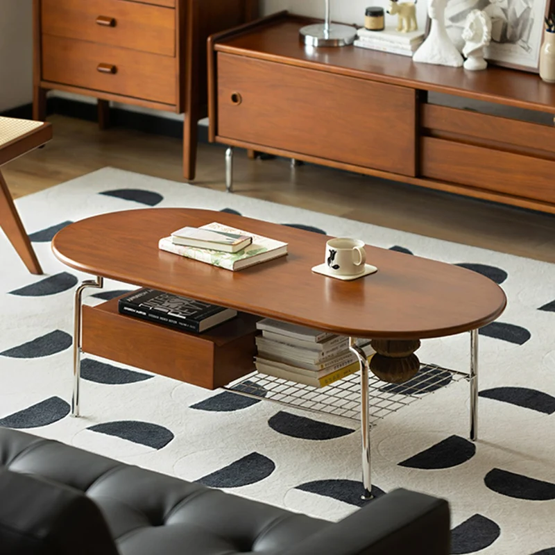 Traditional Vintage Oval Fir Wood Rubberwood Plywood Stainless Steel End Table 4-Leg 1-Drawer For Living Room