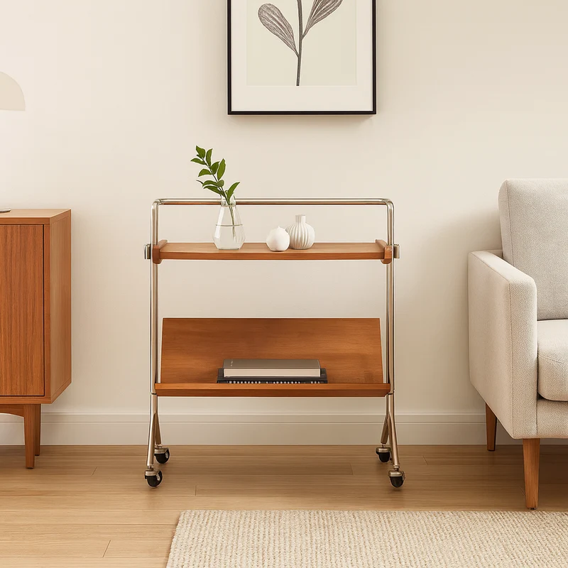 Modern Minimalist Rectangular Stainless Steel Pine Wood Movable End Table 2-Tier For Living Room