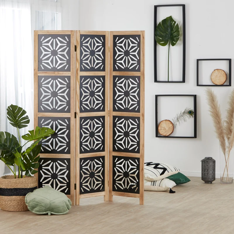 Paravent en 3 panneaux séparateur de pièce en bois et MDF noir 170x120 cm PAR06089