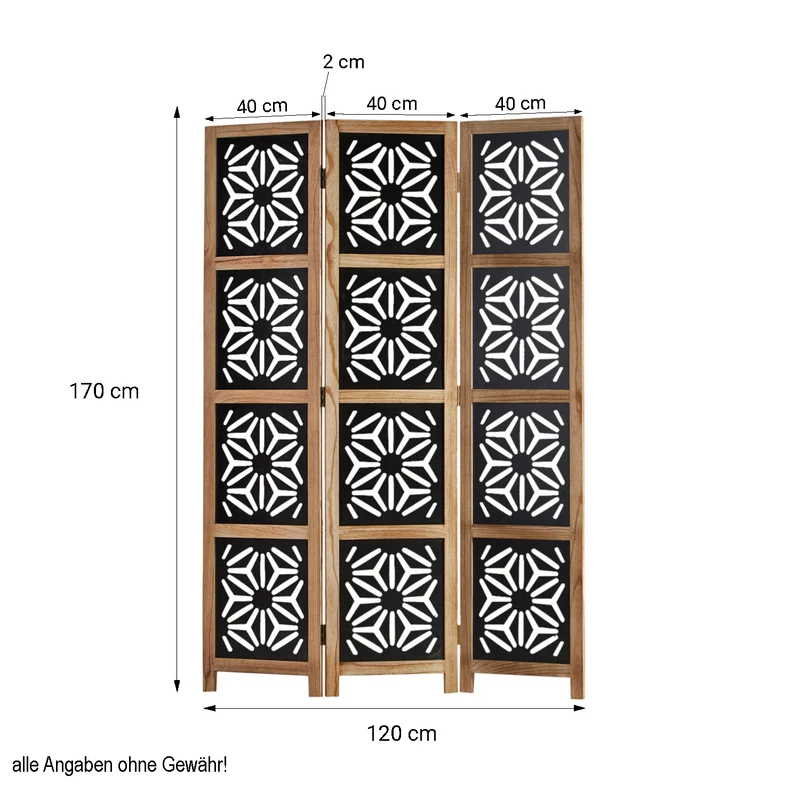 Paravent en 3 panneaux séparateur de pièce en bois et MDF noir 170x120 cm PAR06089