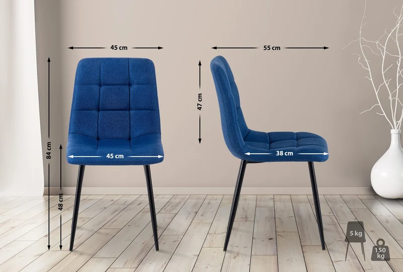 Lot de 4 chaises de salle à manger en tissu bleu pieds métal noir design moderne et confortable CDS10410