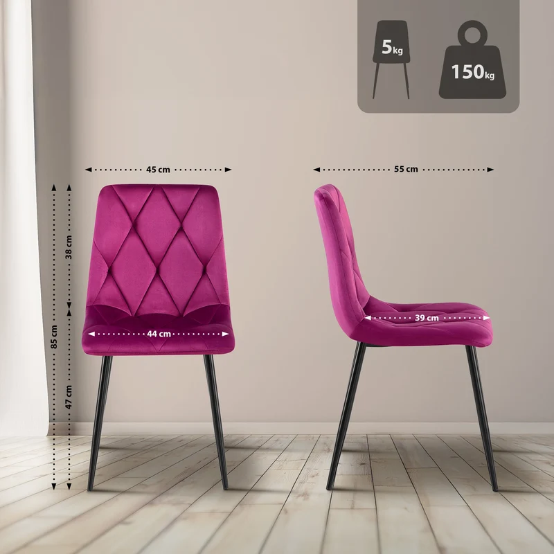 Lot de 2 chaises de salle à manger design moderne surpiqûres en losange velours violet et cadre métal noir 10_0007611